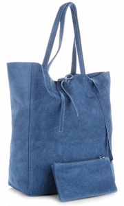 Modna Włoska Torba Skórzana typu ShopperBag Niebieska