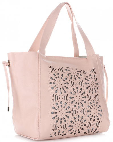 Modne Ażurowane Torebki Skórzane XL typu ShopperBag z Kosmetyczką firmy Genuine Leather Pudrowy Róż (kolory)