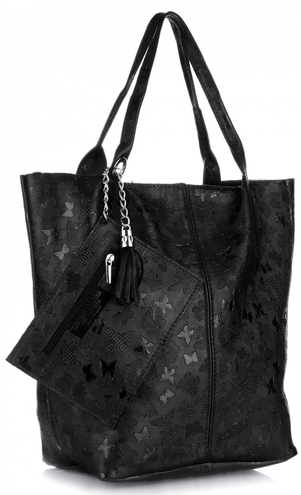 Genuine Leather Torebki Skórzane Uniwersalny ShoppeBag wzór Motyli Czarne (kolory)