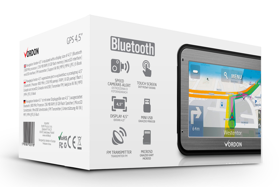 Vordon 4.5 bluetooth - nawigacja samochodowa GPS - transmiter FM - RAM 256MB - AV IN - dostępne od ręki