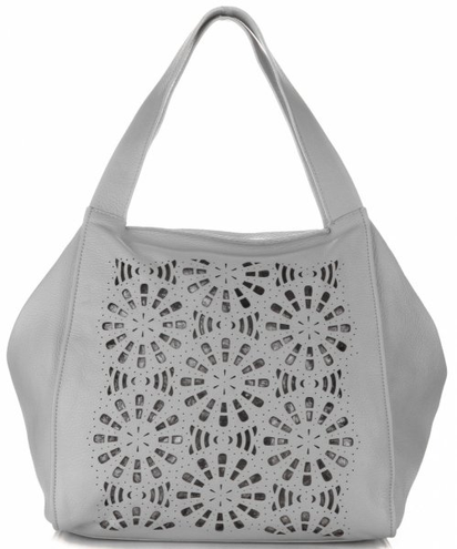 Ażurowe Torebki Skórzane ShopperBag firmy GENUINE LEATHER Jasno Szare