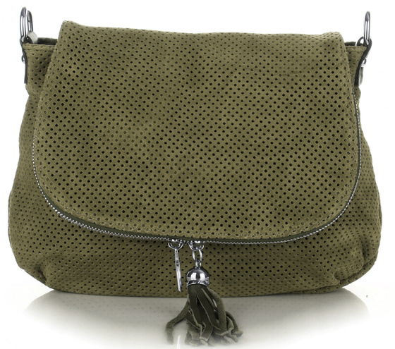 Włoskie Ażurowane Torebki Skórzane Listonoszki firmy Genuine Leather Butelkowa Zieleń (kolory)