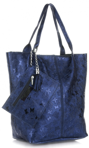 Uniwersalna Torebka Skórzana ShopperBag firmy Genuine Leather w Motyle Granatowa (kolory)