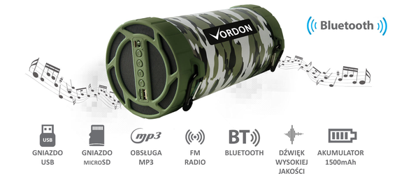 Vordon Y500 Moro - głośnik przenośny - bluetooth - radio FM - czytnik kart microSD - dostępne