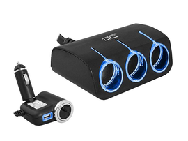 LTC LXAS4 Adapter CAR FIRE LED 3 gniazda (120W) + 1 gniazdo USB 1200mA, 12/24V, czarny.