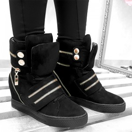 Czarne Sneakersy - Złote Zamki - Zamszowe Botki