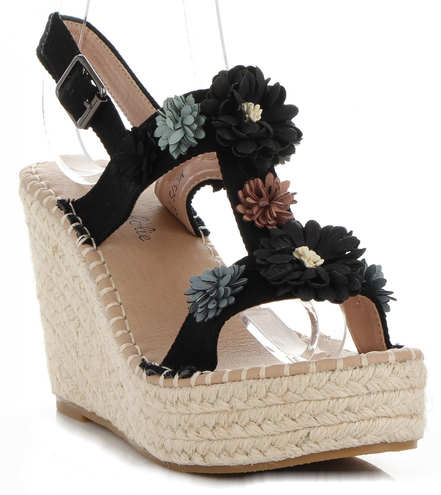 Modne Buty Damskie Koturny z kwiatami marki Lady Glory Czarne (kolory)