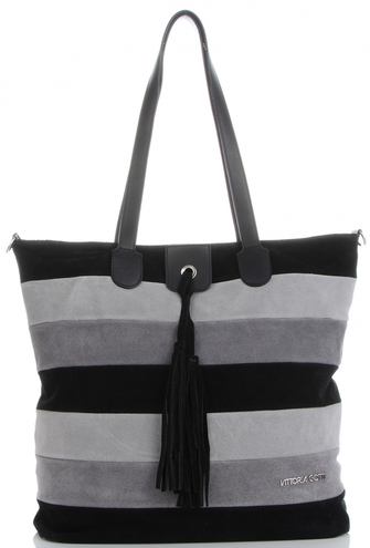 Vittoria Gotti Modna Kolorowa Torba Skórzana w Paski firmowy Shopper Made in Italy Multikolor Czarny (kolory)