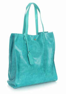 Torba Skórzana Shopper Bag z Kosmetyczką Turkus