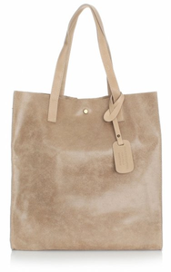 Torba Skórzana Shopper Bag z Kosmetyczką Beżowa