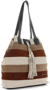 Vittoria Gotti Modna Kolorowa Torba Skórzana w Paski firmowy Shopper Made in Italy Multikolor Beżowa