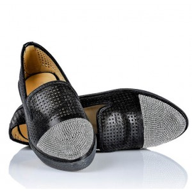 Czarne Slipony - Ażurowe Slip On - Cyrkonie