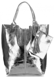 Oryginalne Torebki Skórzane ShopperBag Genuine Leather Błysk Ciemne Srebro (kolory)
