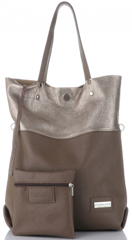 Firmowe Torebki Skórzane Vittoria Gotti Made in Italy Wielki Shopper XXL z Etui idealny na co dzień i na zakupy Ziemisty (kolory)