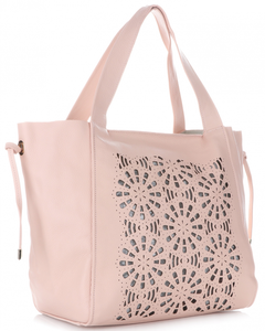 Modne Ażurowane Torebki Skórzane XL typu ShopperBag z Kosmetyczką firmy Genuine Leather Pudrowy Róż (kolory)