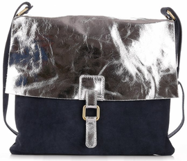 Modna Listonoszka ze Zamszu Naturlanego Genuine Leather Granatowo Srebrna