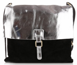 Modna Listonoszka ze Zamszu Naturlanego Genuine Leather Czarno Srebrna