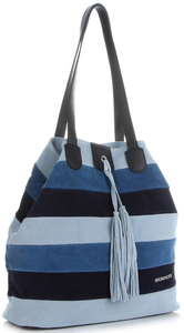 Vittoria Gotti Modna Kolorowa Torba Skórzana w Paski firmowy Shopper Made in Italy Multikolor Niebieska