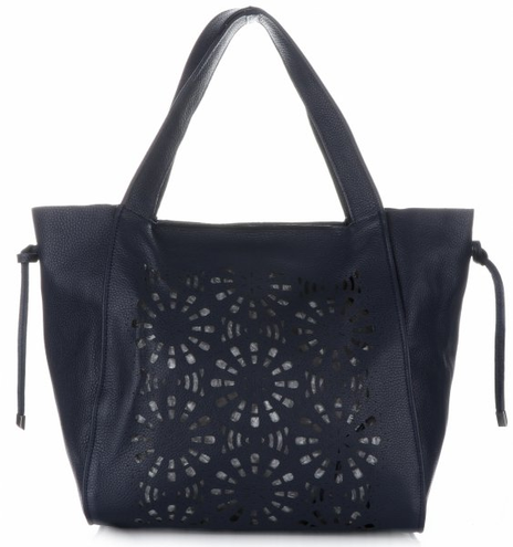 Ażurowe Torebki Skórzane ShopperBag firmy GENUINE LEATHER Granatowe