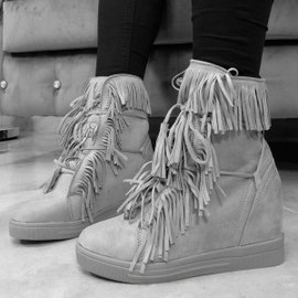 Szare SNEAKERSY BOHO - Zamszowe z Frędzlami